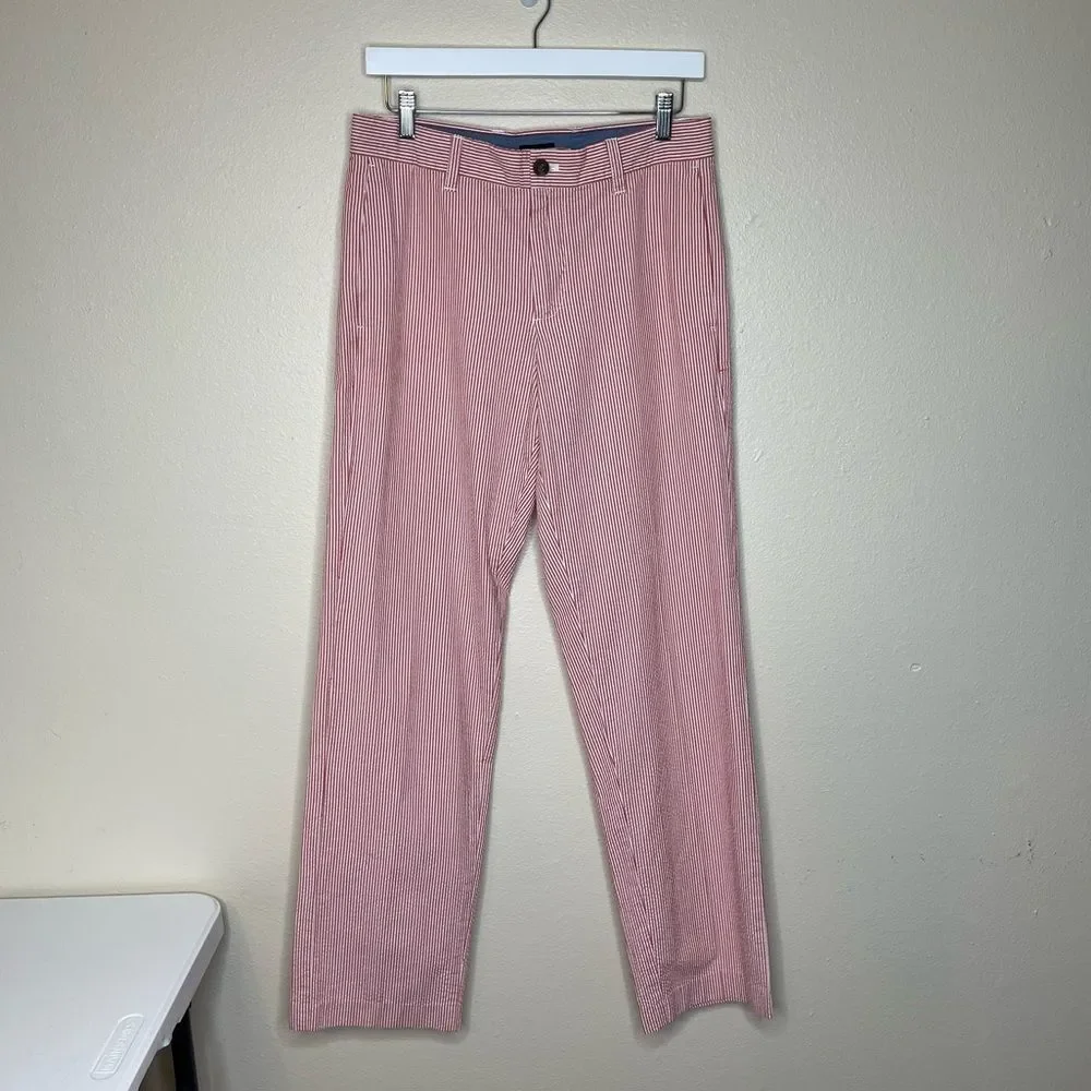 Izod Red White Stripe Seersucker Cotton Mens Flat Front Pant 30/32 Preppy Twee